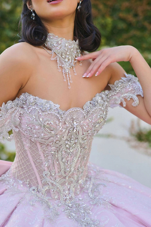 Ball Gown Off Shoulder Beaded Bow Long Train Quinceañera Dress