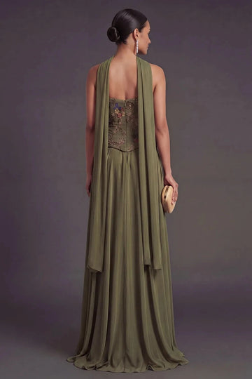 Elegant A Line Strapless Floral Corset Chiffon Floor Length Wedding Guest Dress