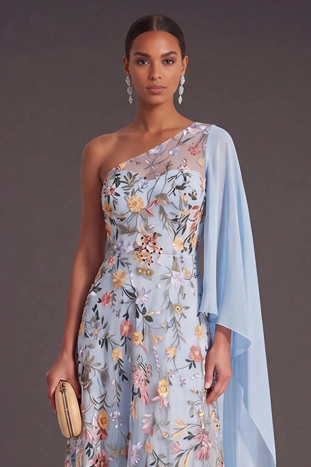 Elegant A Line One Shoulder Cape Sleeve Floral Embroidered Floor Length Wedding Guest Dress