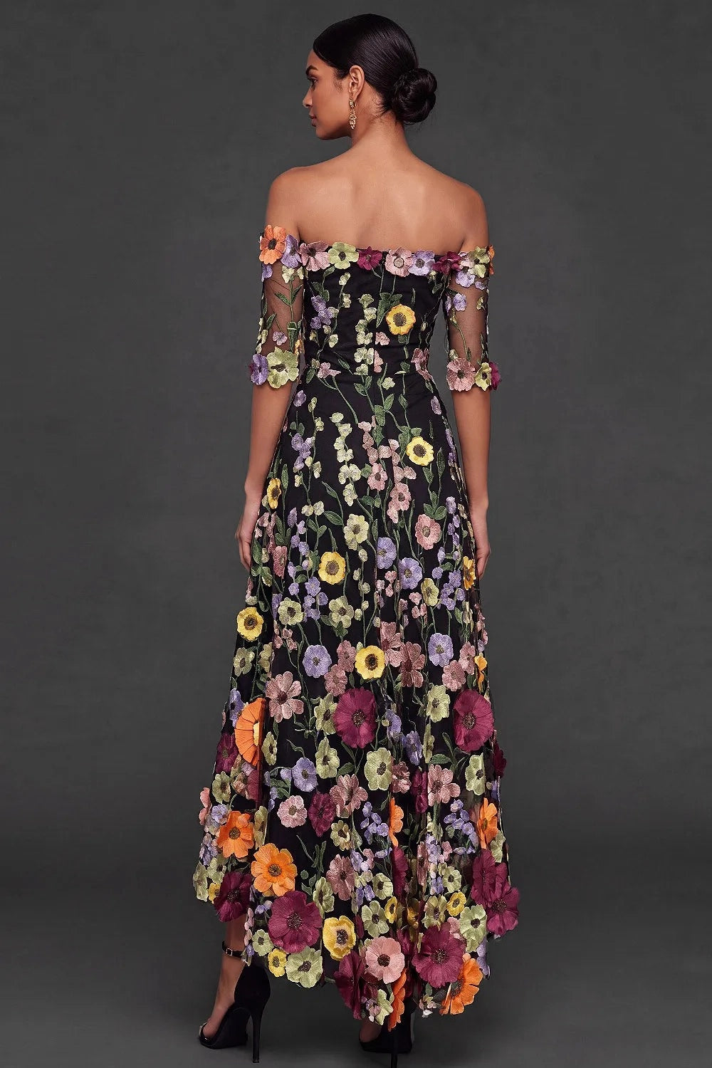 Elegant A Line Off Shoulder 3D Floral High Low Wedding Guest Dress