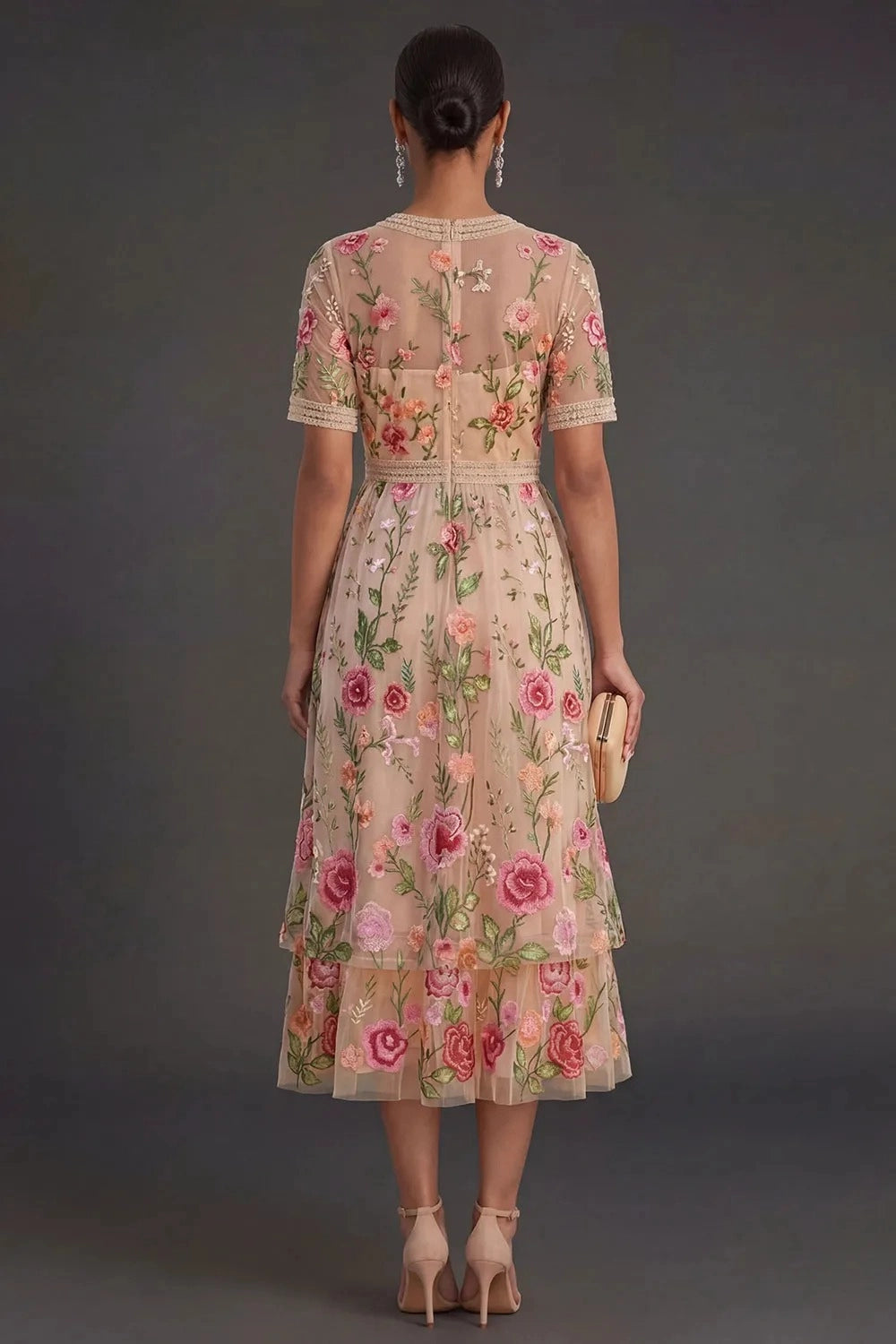 Romantic A‑Line V‑Neck Short‑Sleeve Zipper‑Back Midi Wedding Guest Dress