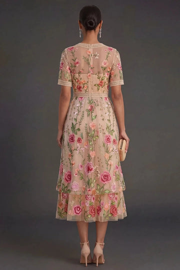 Romantic A‑Line V‑Neck Short‑Sleeve Zipper‑Back Midi Wedding Guest Dress