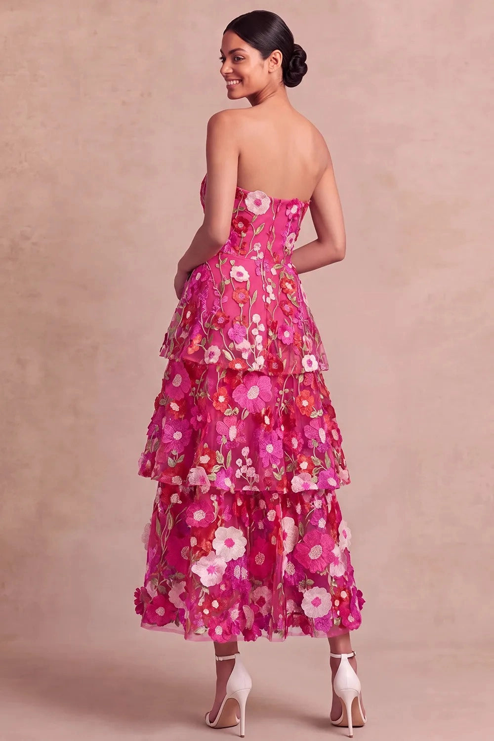 Romantic A Line Strapless 3D Floral Tiered Maxi Wedding Guest Dress