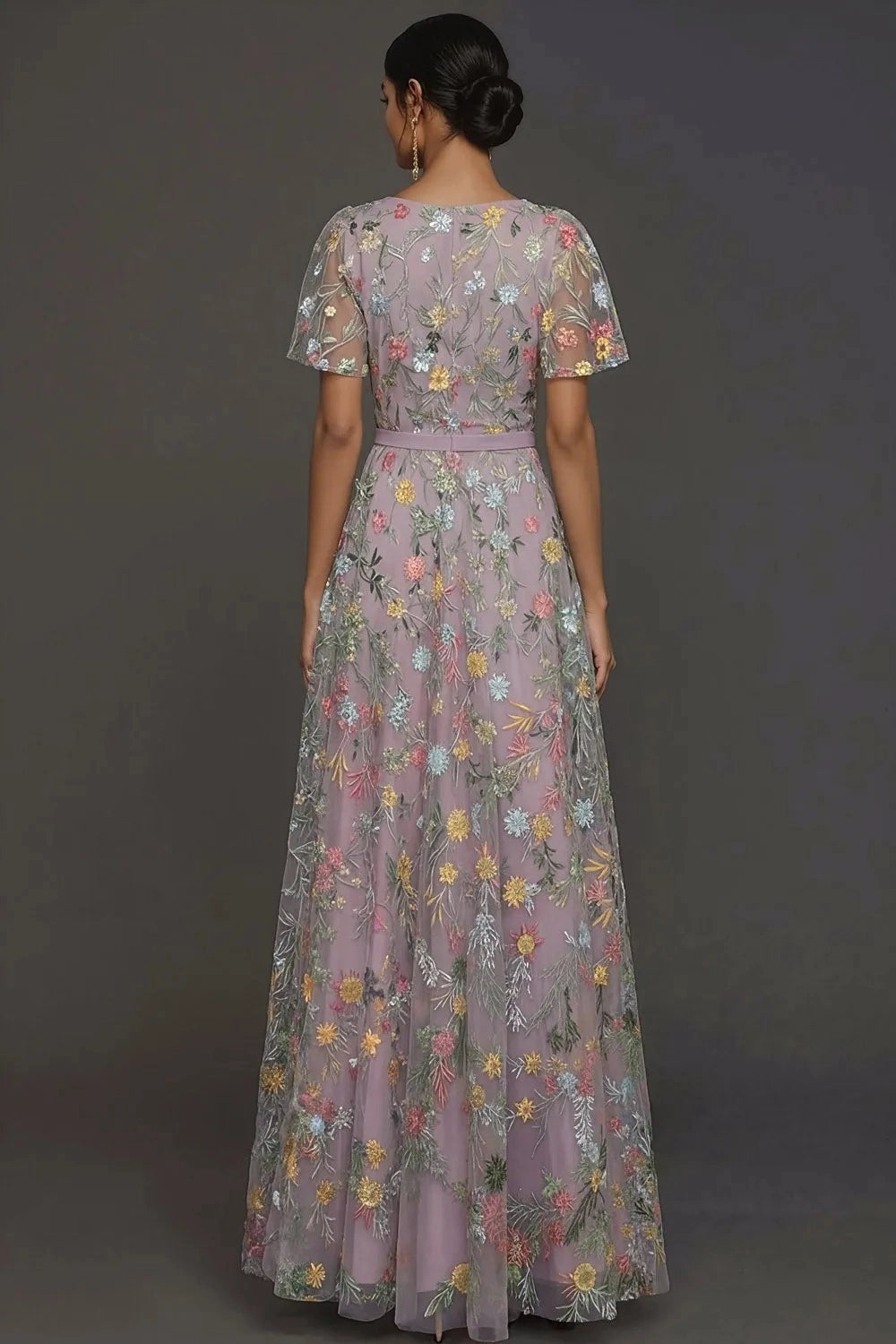 Romantic Floral Embroidered A-Line V-Neck Flutter Sleeve Long Wedding Guest Dress