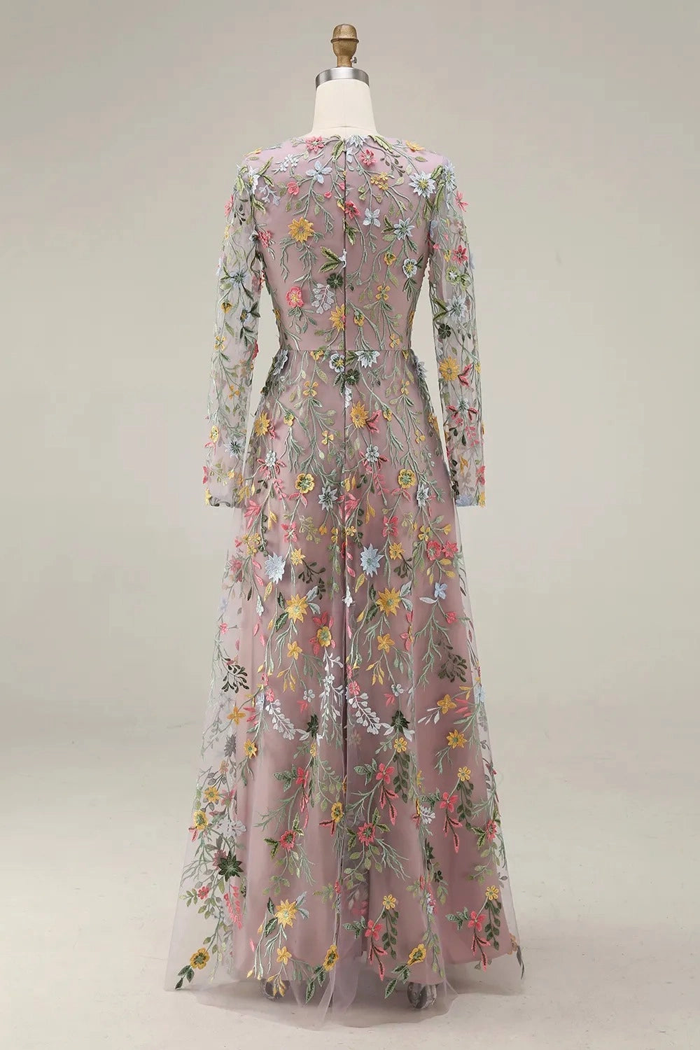Elegant A Line V Neck Long Sleeve Floral Embroidered Floor Length Wedding Guest Dress