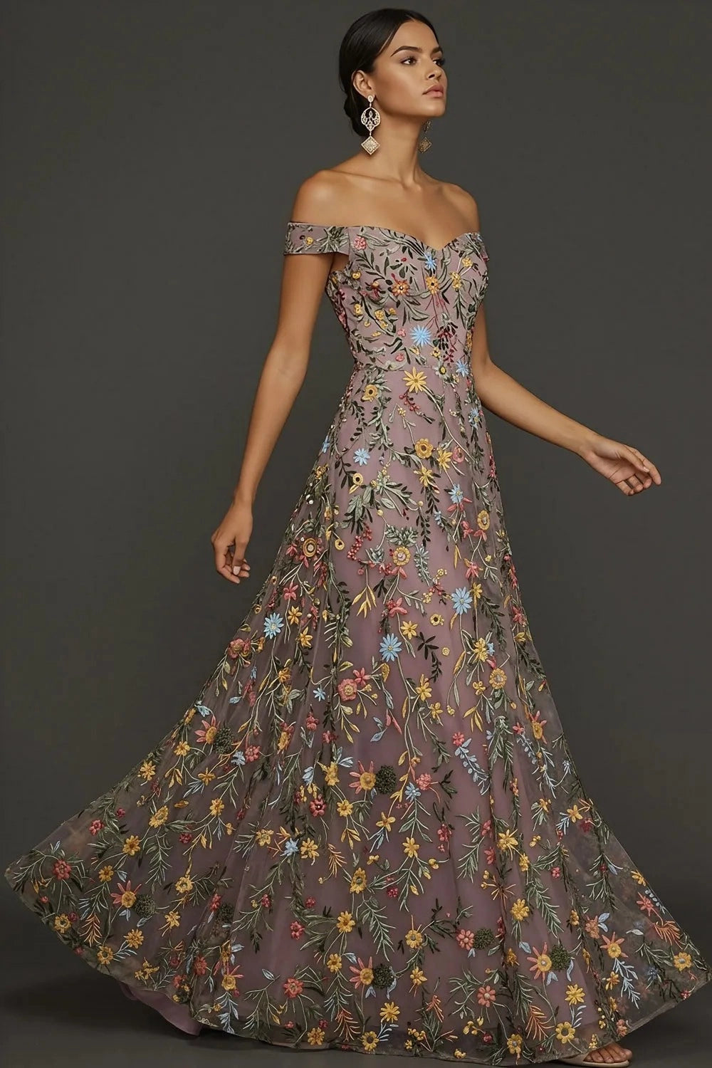 Romantic A Line Sweetheart Off Shoulder Floral Embroidered Floor Length Wedding Guest Dress