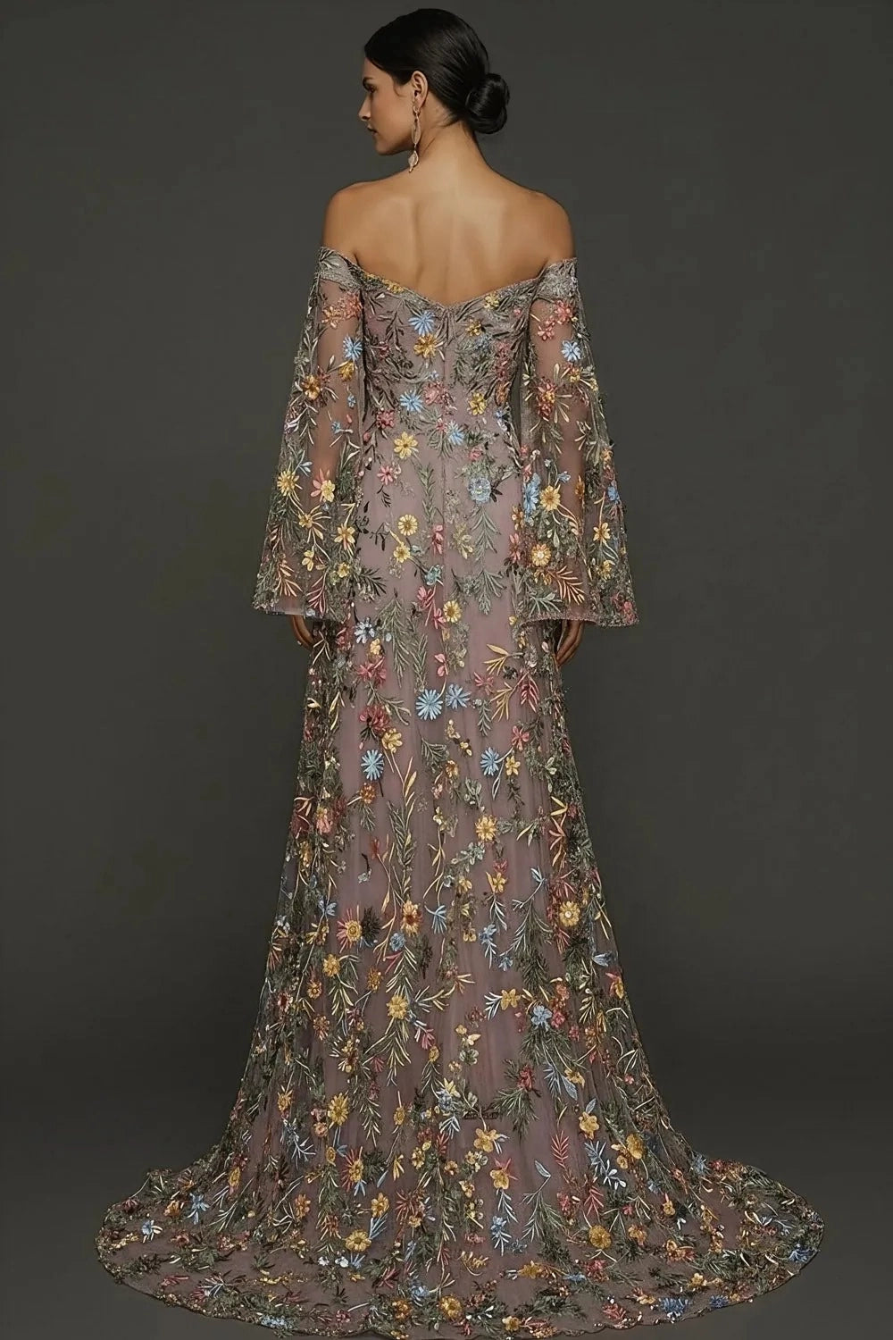 Romantic A Line Sweetheart Off Shoulder Floral Embroidered Bell Sleeve Wedding Guest Dress