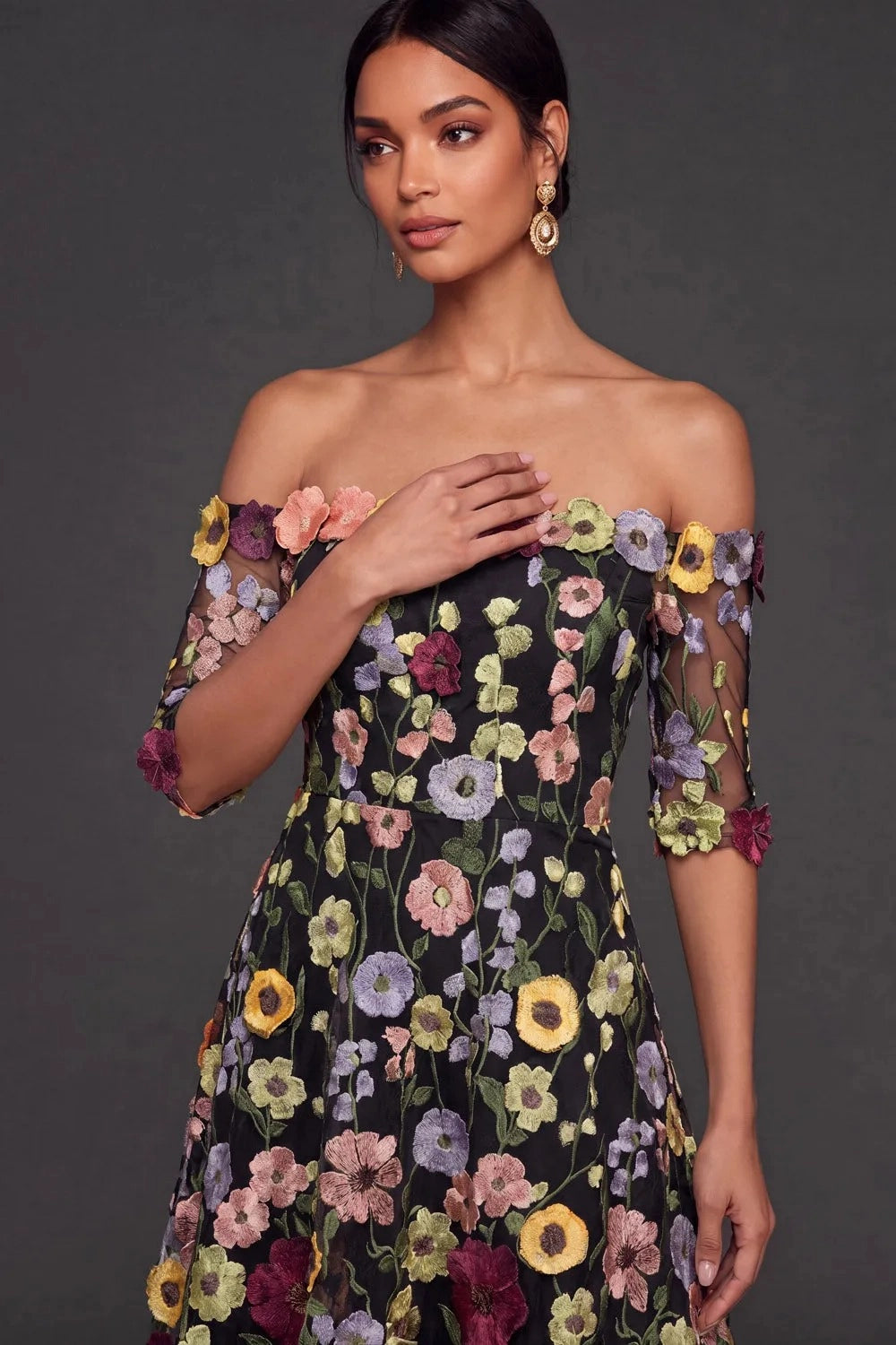 Elegant A Line Off Shoulder 3D Floral High Low Wedding Guest Dress