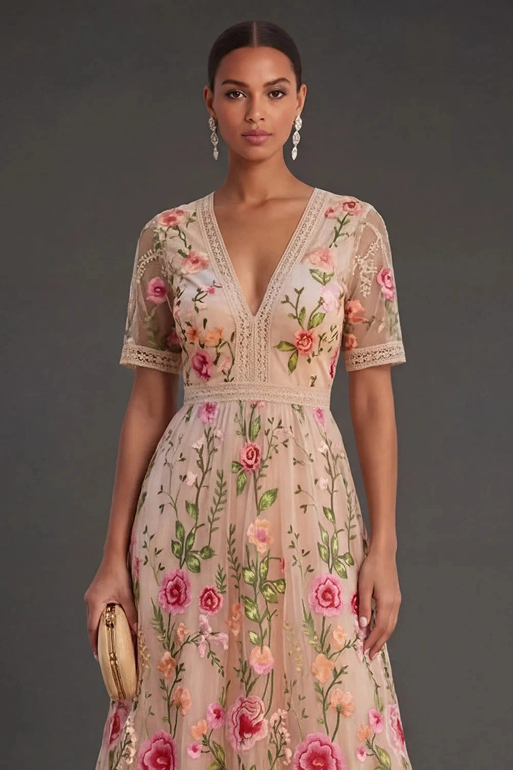 Romantic A‑Line V‑Neck Short‑Sleeve Zipper‑Back Midi Wedding Guest Dress