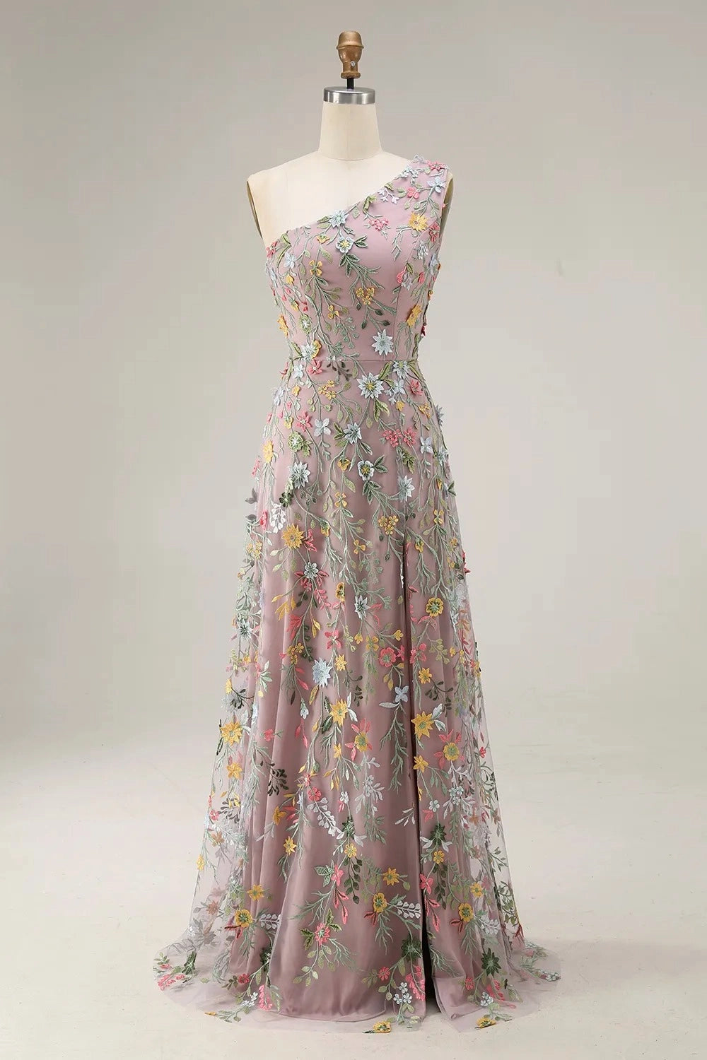 Romantic Floral Embroidered A-Line One Shoulder Sleeveless Backless Long Prom Dress