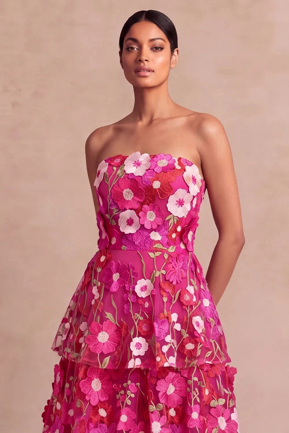 Romantic A Line Strapless 3D Floral Tiered Maxi Wedding Guest Dress