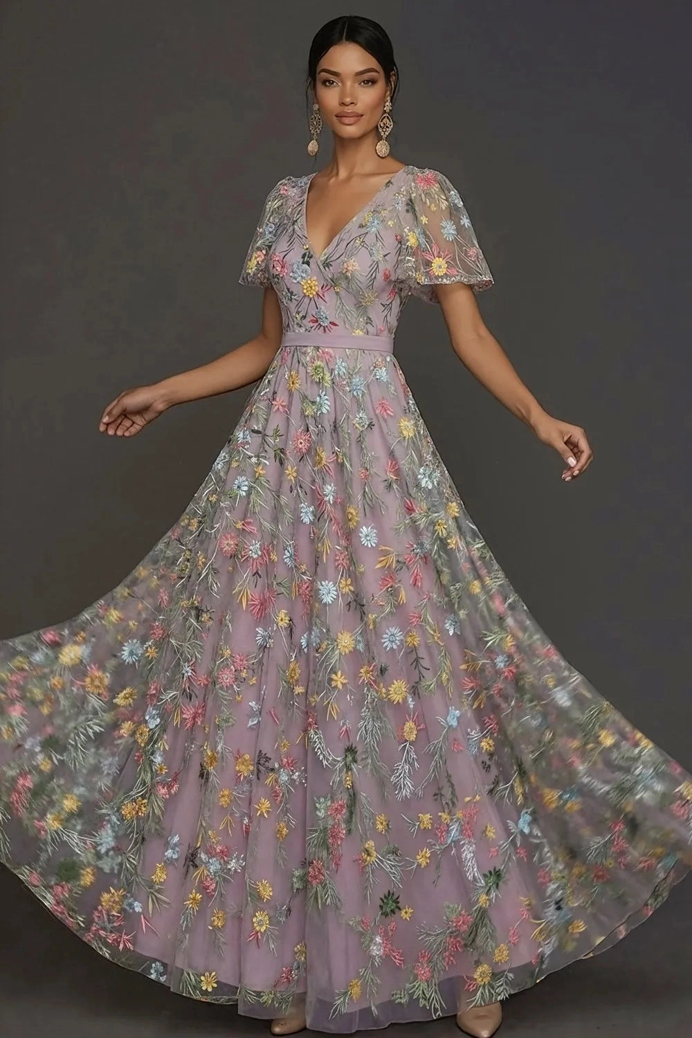 Romantic Floral Embroidered A-Line V-Neck Flutter Sleeve Long Wedding Guest Dress