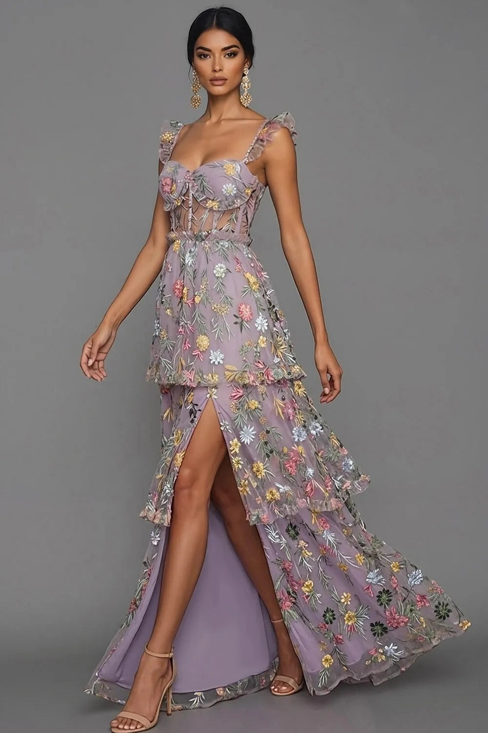 Romantic A Line Sweetheart Ruffle Strap Floral Embroidered Tiered Wedding Guest Dress