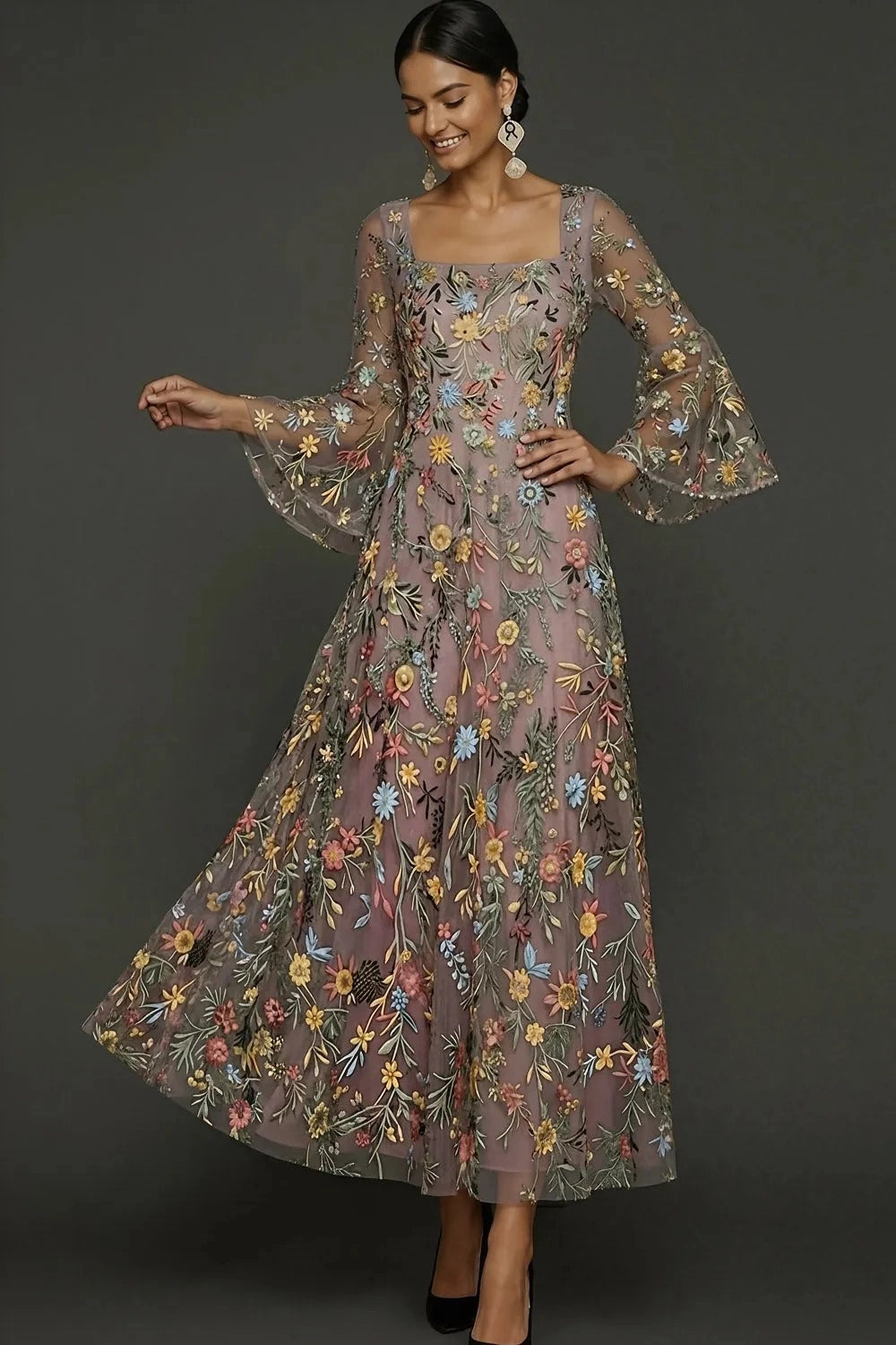 Elegant Floral Embroidered A-Line Square Neck Flutter Sleeve Ankle Length Wedding Guest Dress