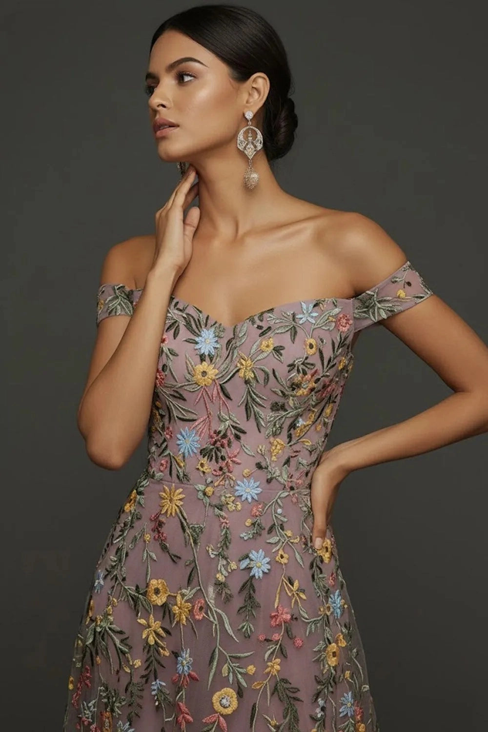 Romantic A Line Sweetheart Off Shoulder Floral Embroidered Floor Length Wedding Guest Dress