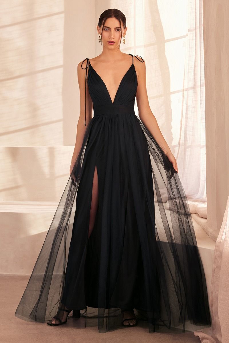 Prom Dress Spaghetti Strap Deep V-Neck Tulle Maxi Dress with Double Slits – Elegant Bridesmaid & Formal Evening Gown for Wedding & Special Occasions