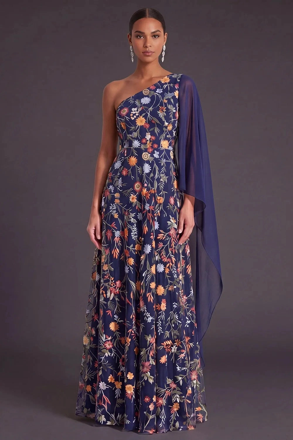 Elegant A Line One Shoulder Cape Sleeve Floral Embroidered Floor Length Wedding Guest Dress