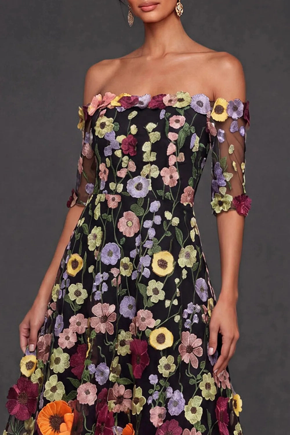 Elegant A Line Off Shoulder 3D Floral High Low Wedding Guest Dress