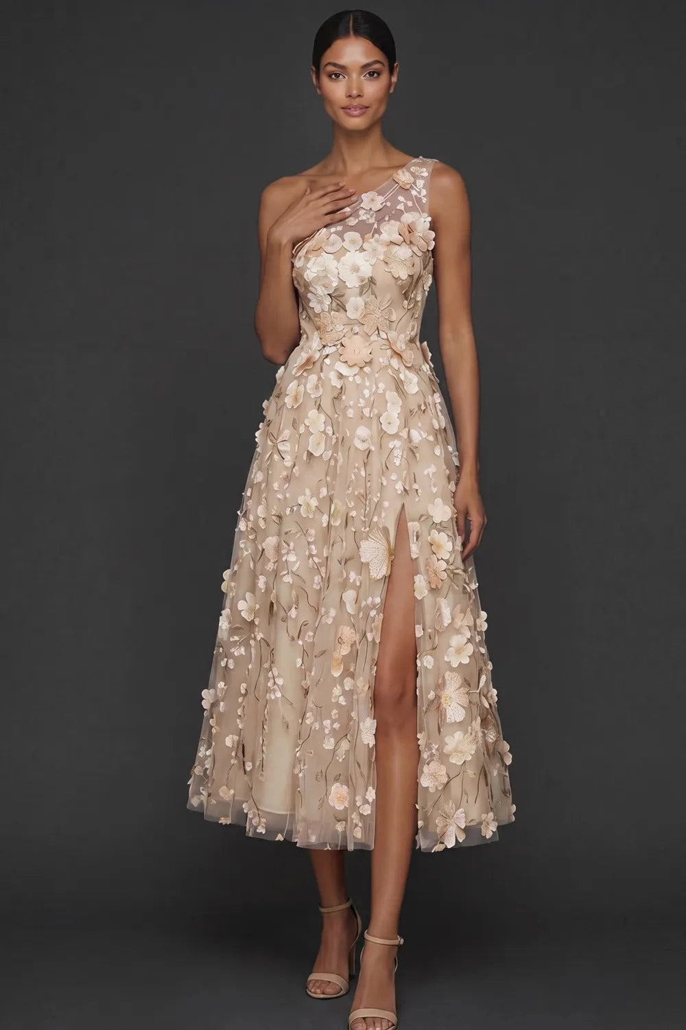 Romantic A Line One Shoulder 3D Floral Sleeveless Midi Wedding Guest Dress