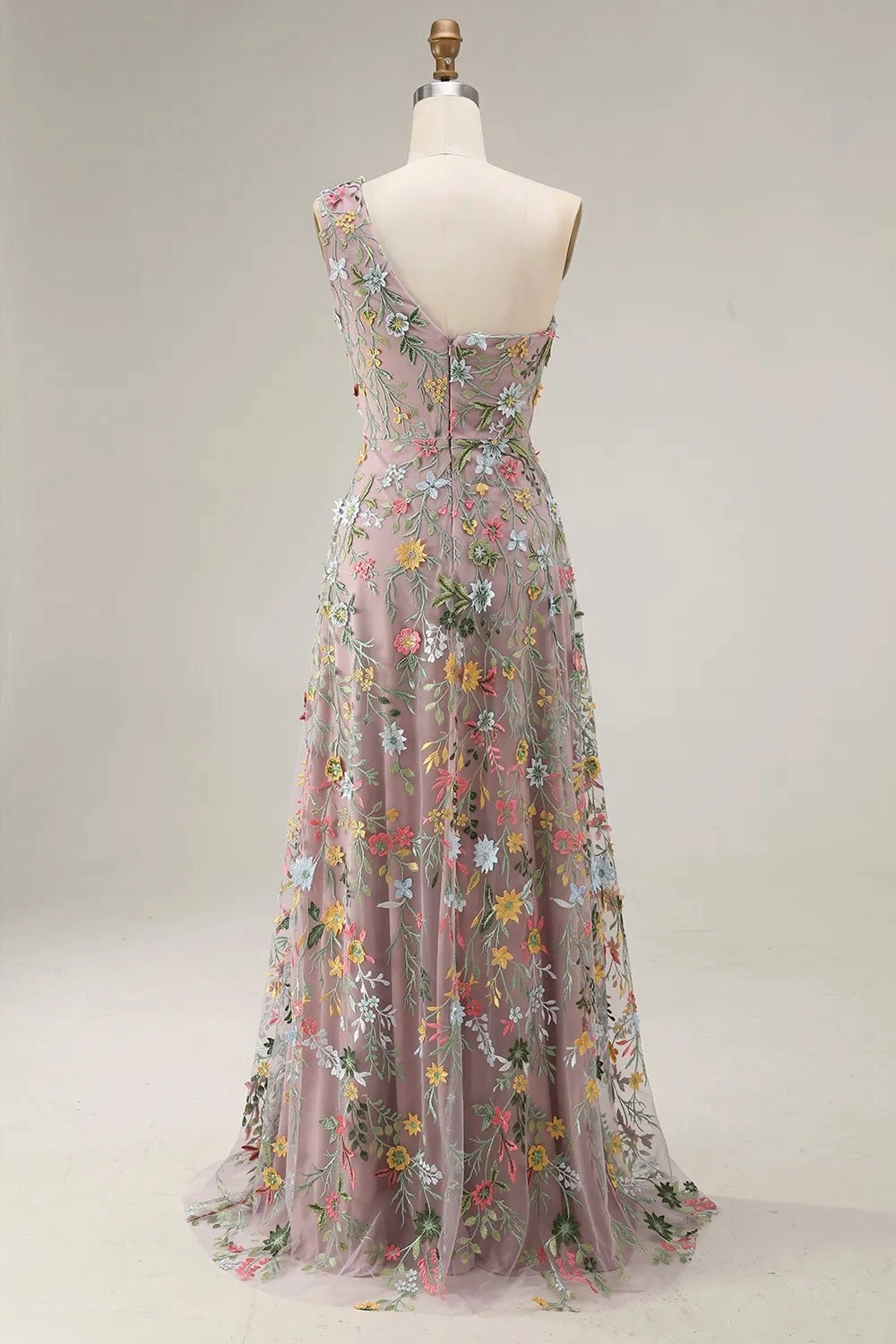 Romantic Floral Embroidered A-Line One Shoulder Sleeveless Backless Long Prom Dress