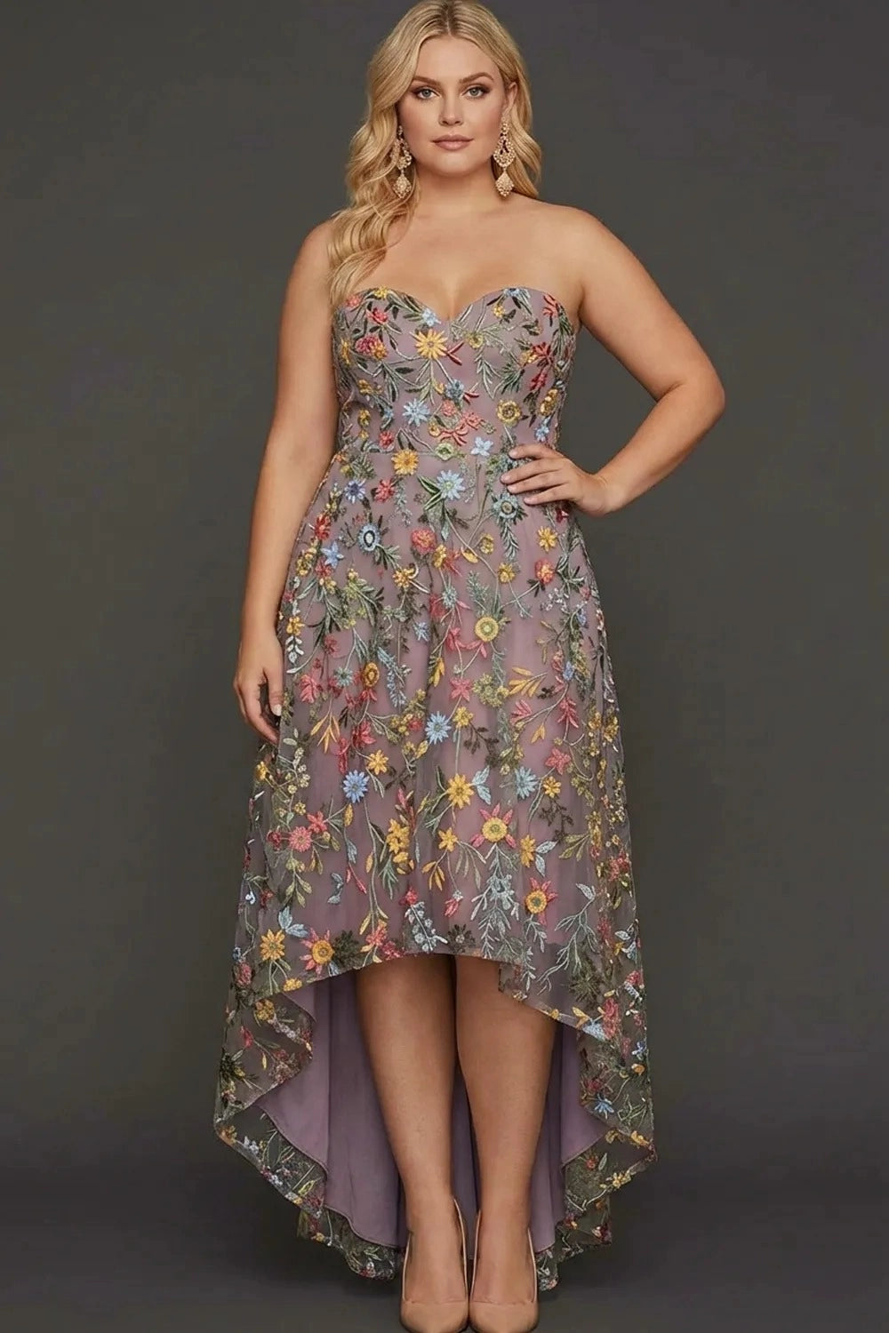 Romantic A Line Sweetheart Strapless Floral Embroidered High Low Wedding Guest Dress