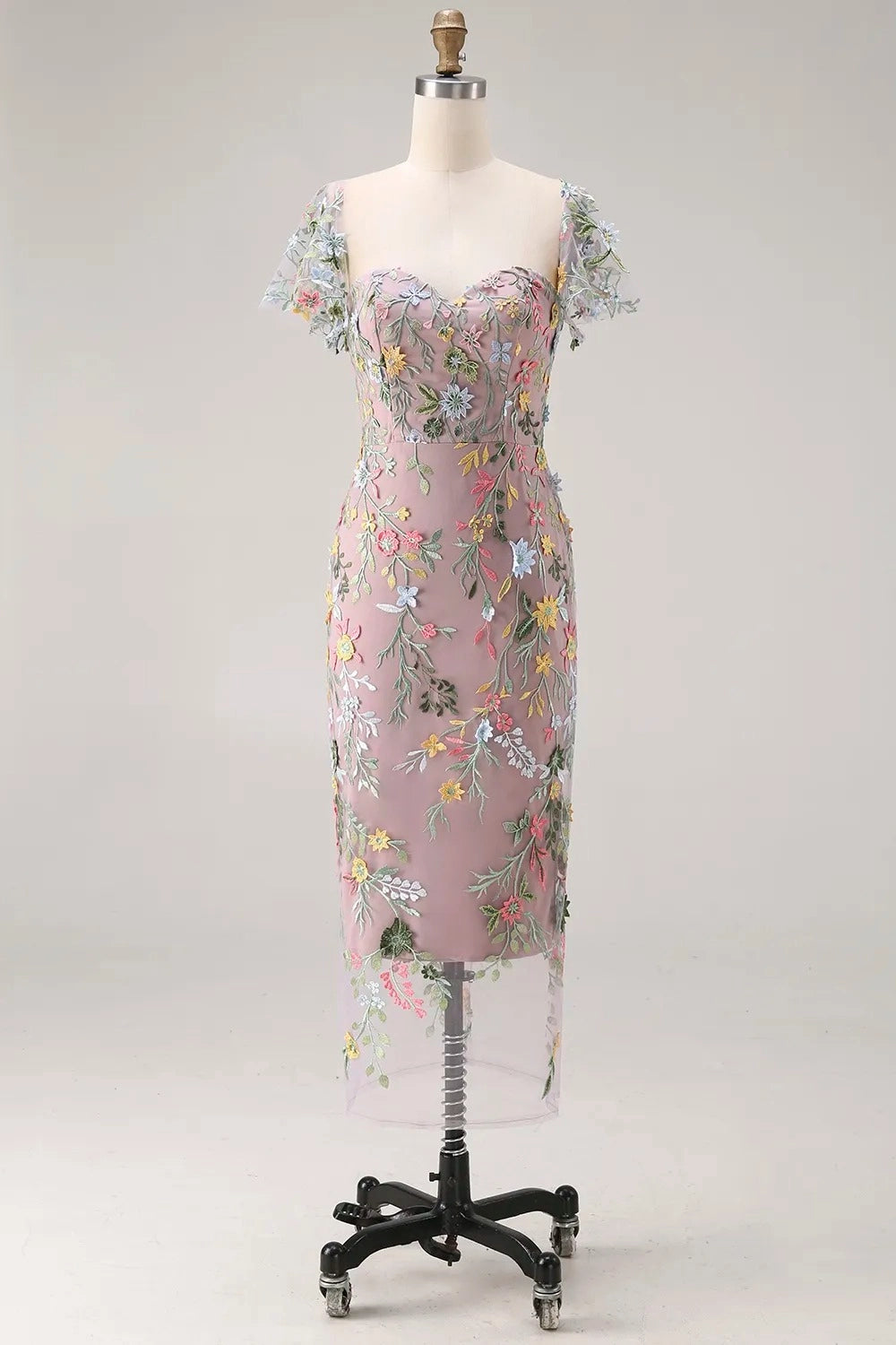 Elegant Floral Embroidered Sheath Sweetheart Flutter Sleeve Midi Wedding Guest Dress