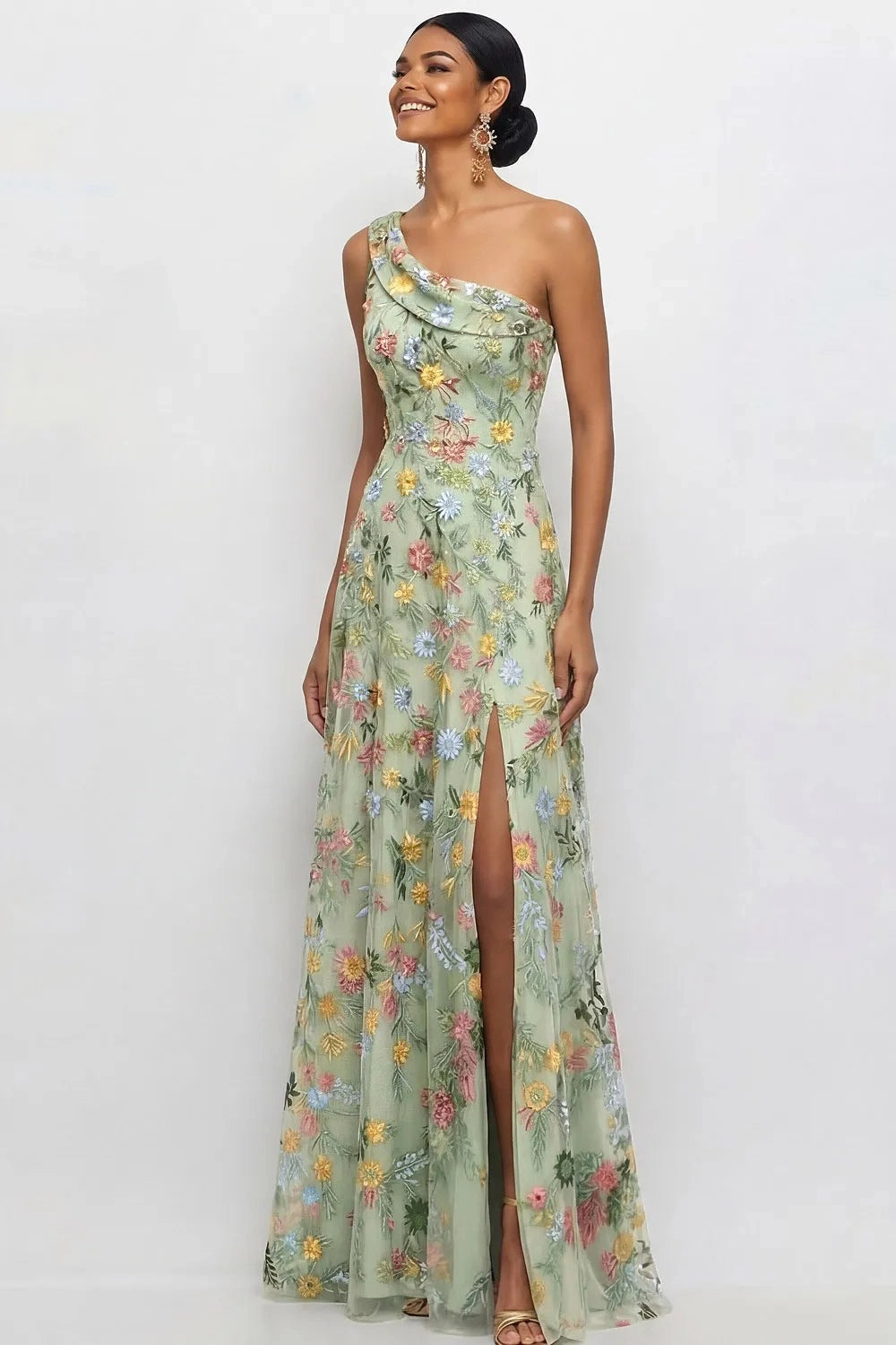 Chic A Line One Shoulder Floral Embroidered Slit Floor Length Wedding Guest Dress