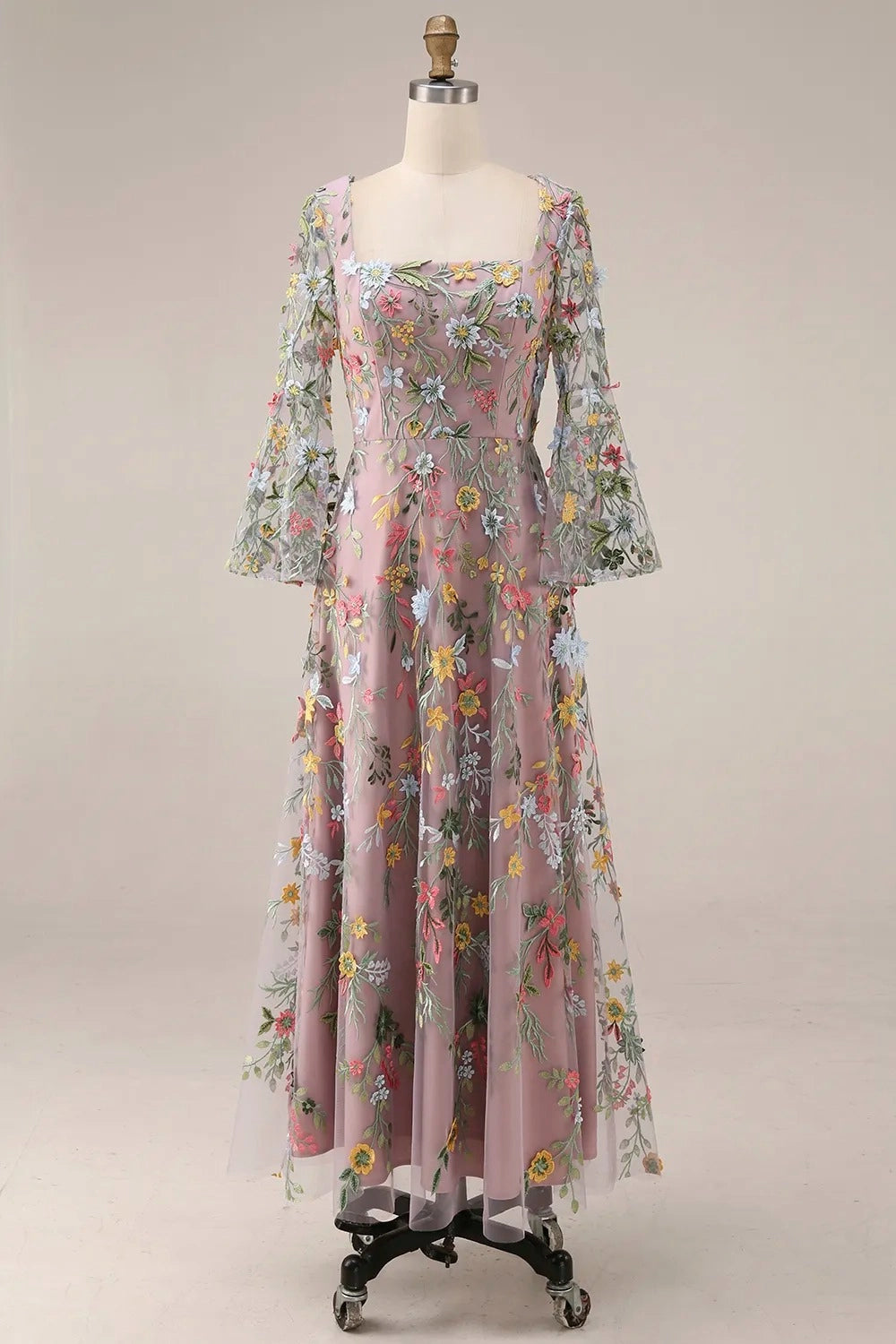 Elegant Floral Embroidered A-Line Square Neck Flutter Sleeve Ankle Length Wedding Guest Dress
