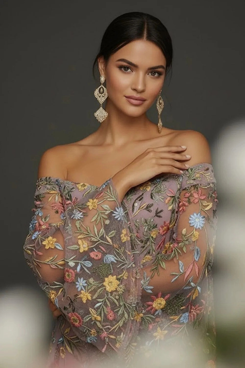 Romantic A Line Sweetheart Off Shoulder Floral Embroidered Bell Sleeve Wedding Guest Dress