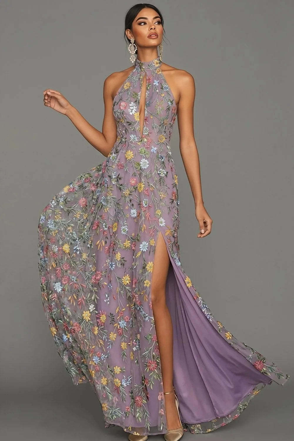 Romantic Floral Embroidered A-Line Halter Sleeveless Backless Long Wedding Guest Dress