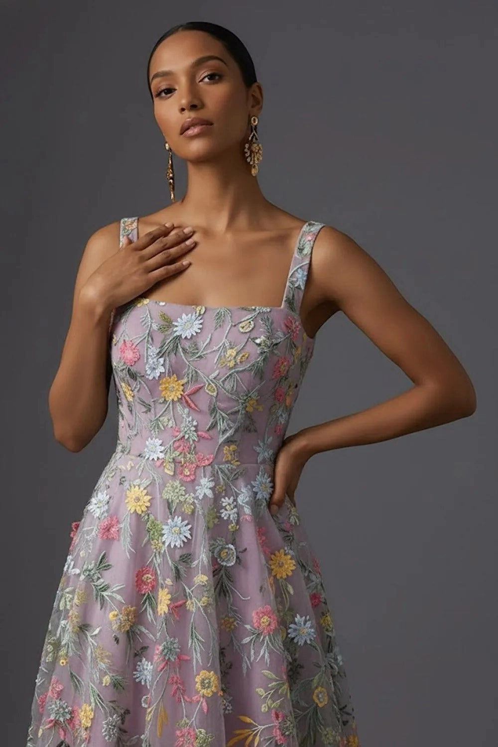 Romantic Floral Embroidered A-Line Square Neck Sleeveless Low Back Wedding Guest Dress