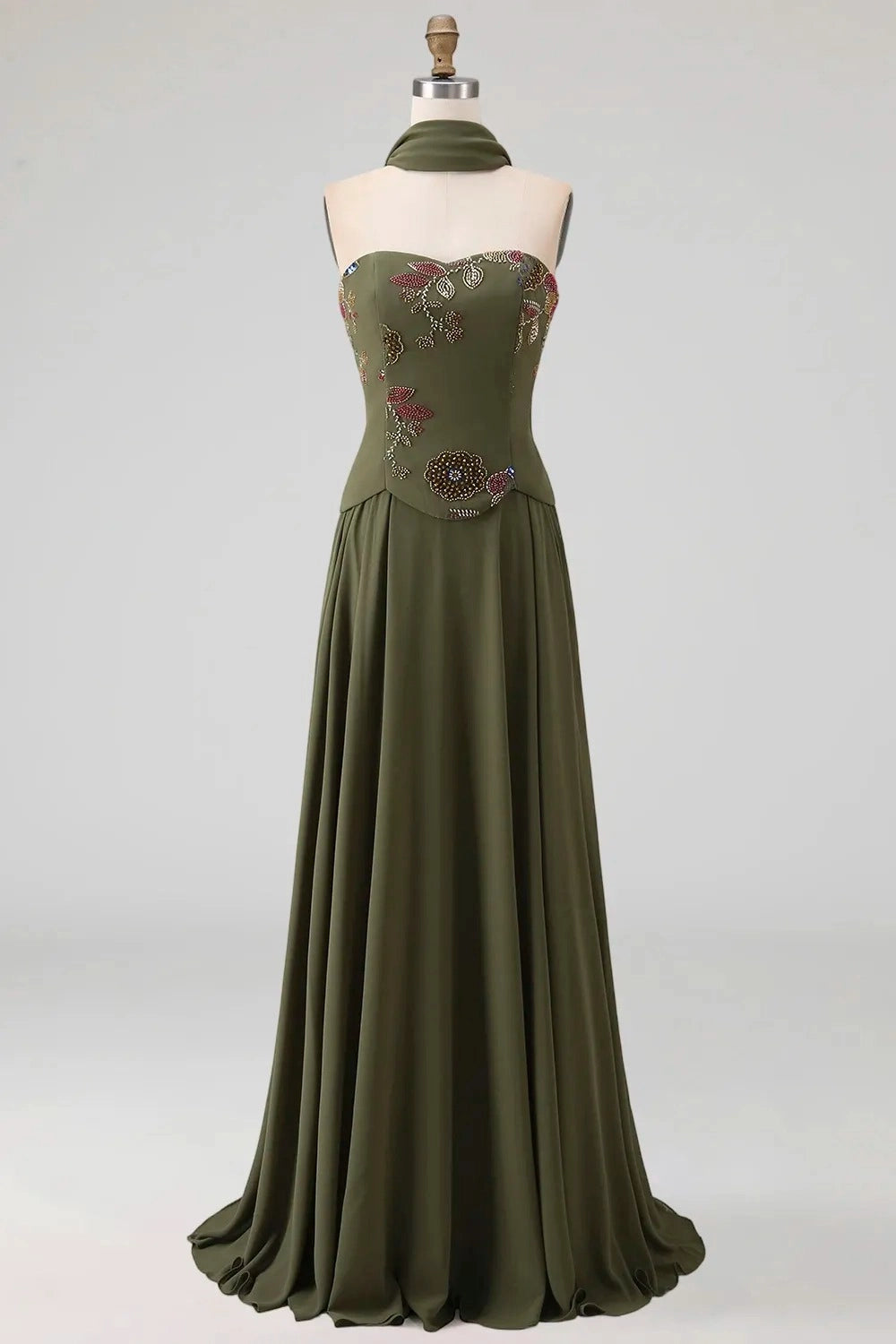 Elegant A Line Strapless Floral Corset Chiffon Floor Length Wedding Guest Dress