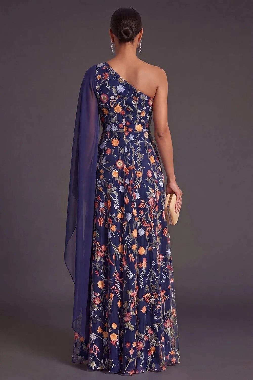 Elegant A Line One Shoulder Cape Sleeve Floral Embroidered Floor Length Wedding Guest Dress
