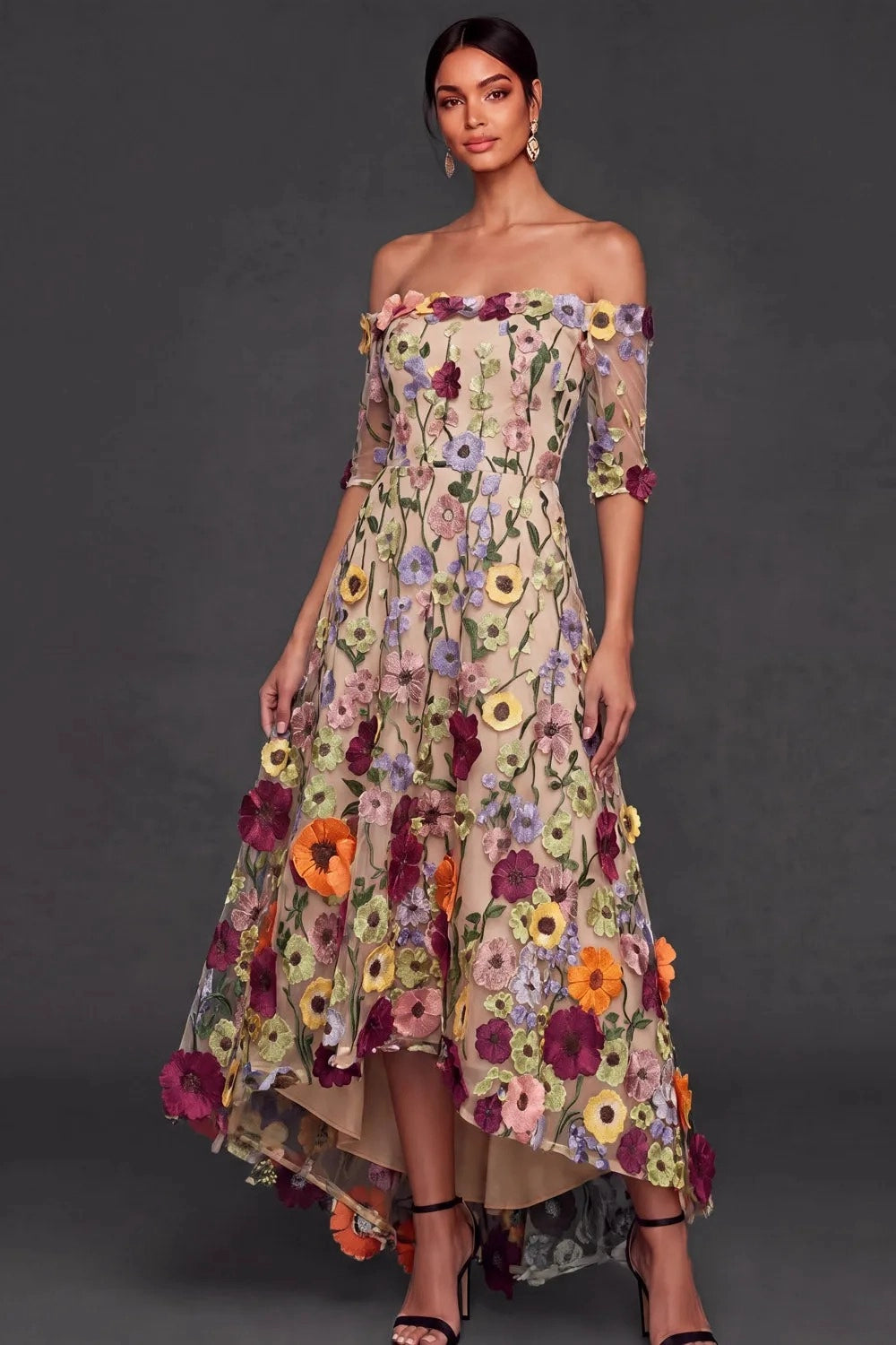 Elegant A Line Off Shoulder 3D Floral High Low Wedding Guest Dress