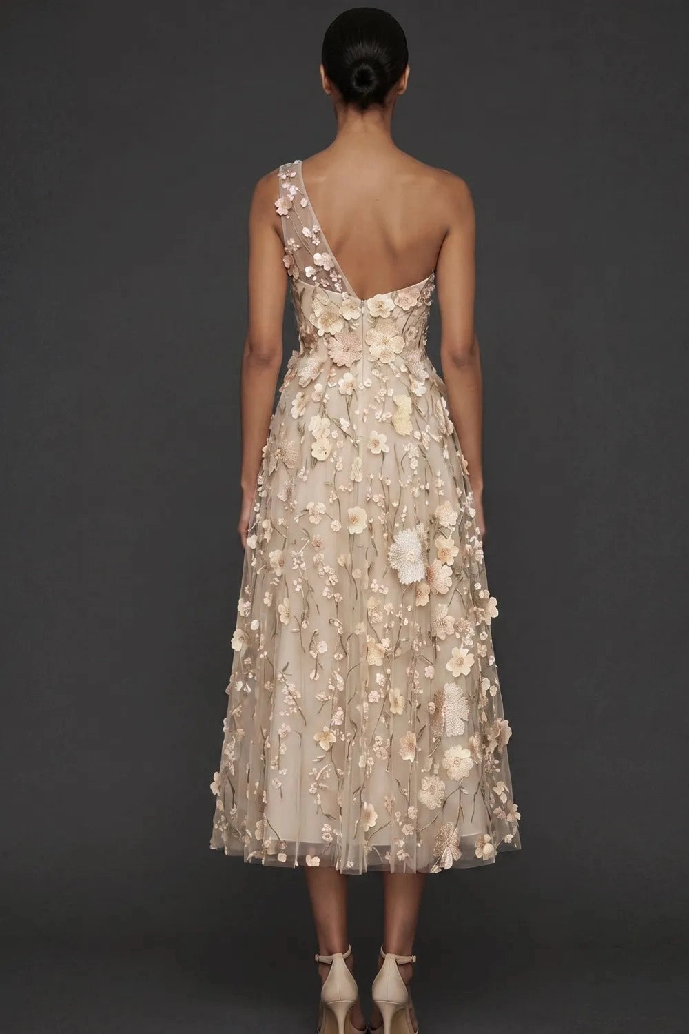 Romantic A Line One Shoulder 3D Floral Sleeveless Midi Wedding Guest Dress
