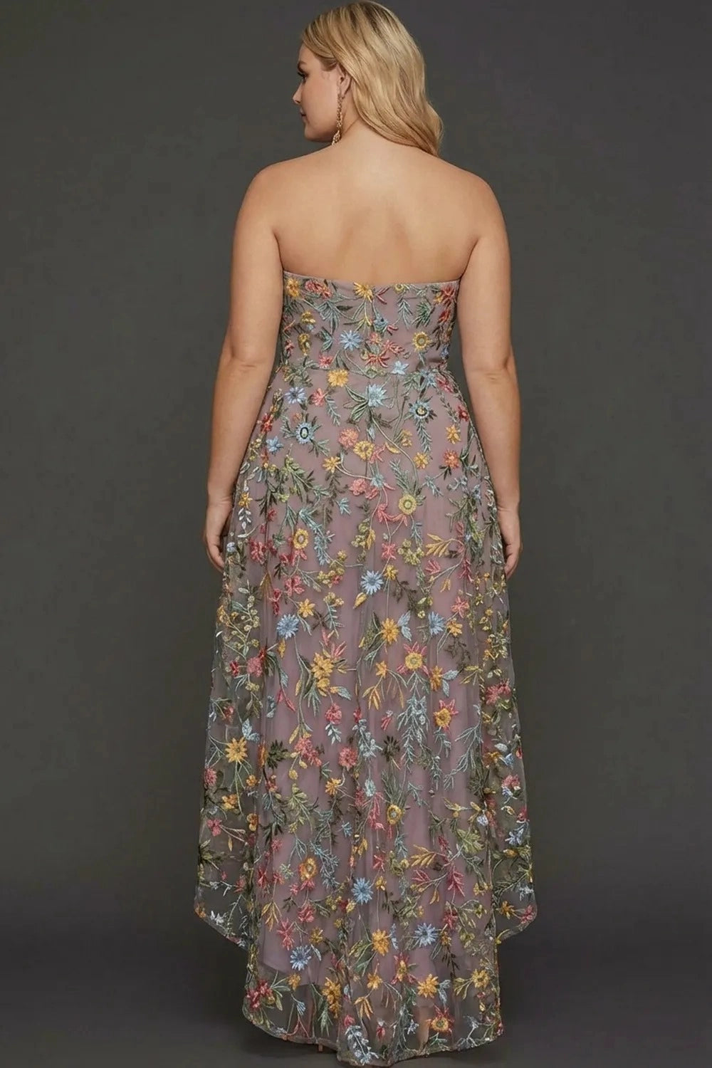Romantic A Line Sweetheart Strapless Floral Embroidered High Low Wedding Guest Dress
