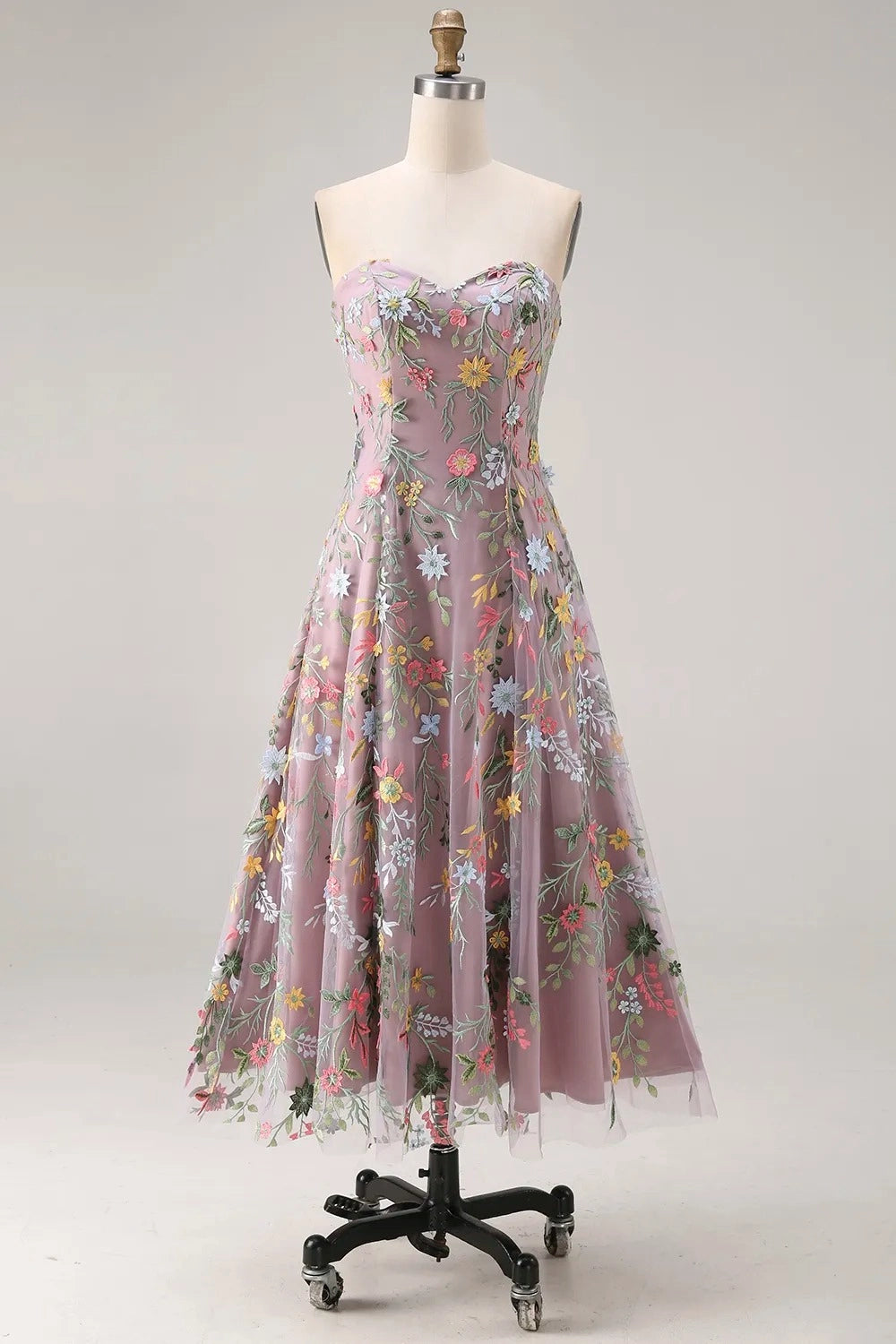 Romantic Floral Embroidered A-Line Sweetheart Strapless Backless Midi Wedding Guest Dress