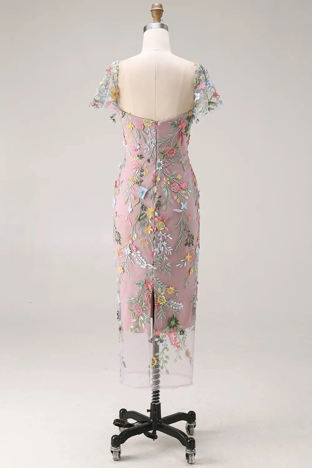 Elegant Floral Embroidered Sheath Sweetheart Flutter Sleeve Midi Wedding Guest Dress
