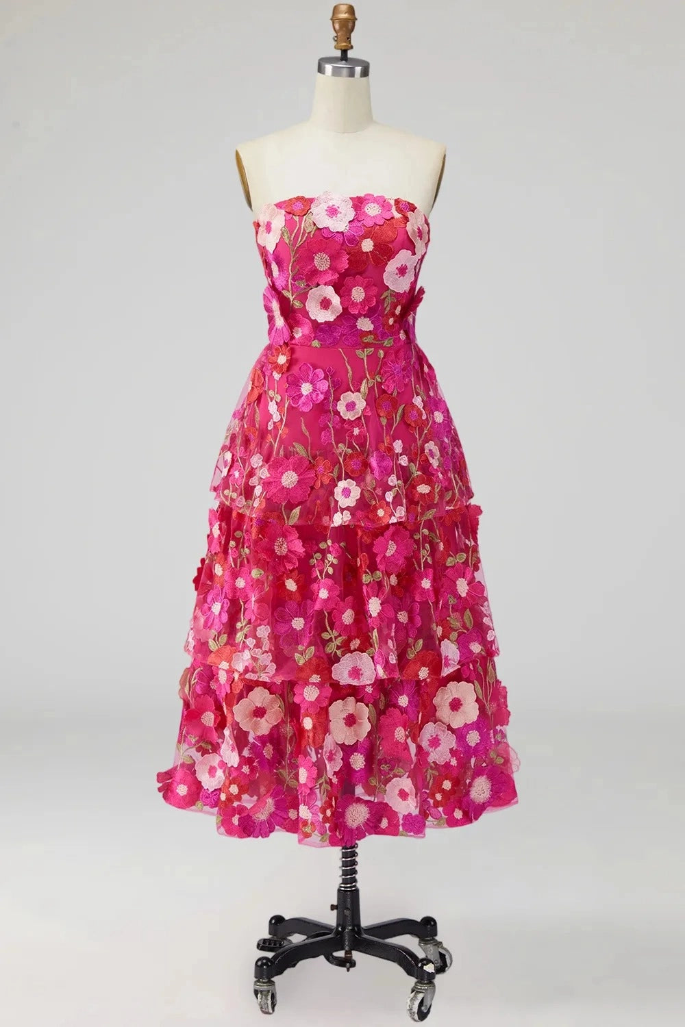 Romantic A Line Strapless 3D Floral Tiered Maxi Wedding Guest Dress