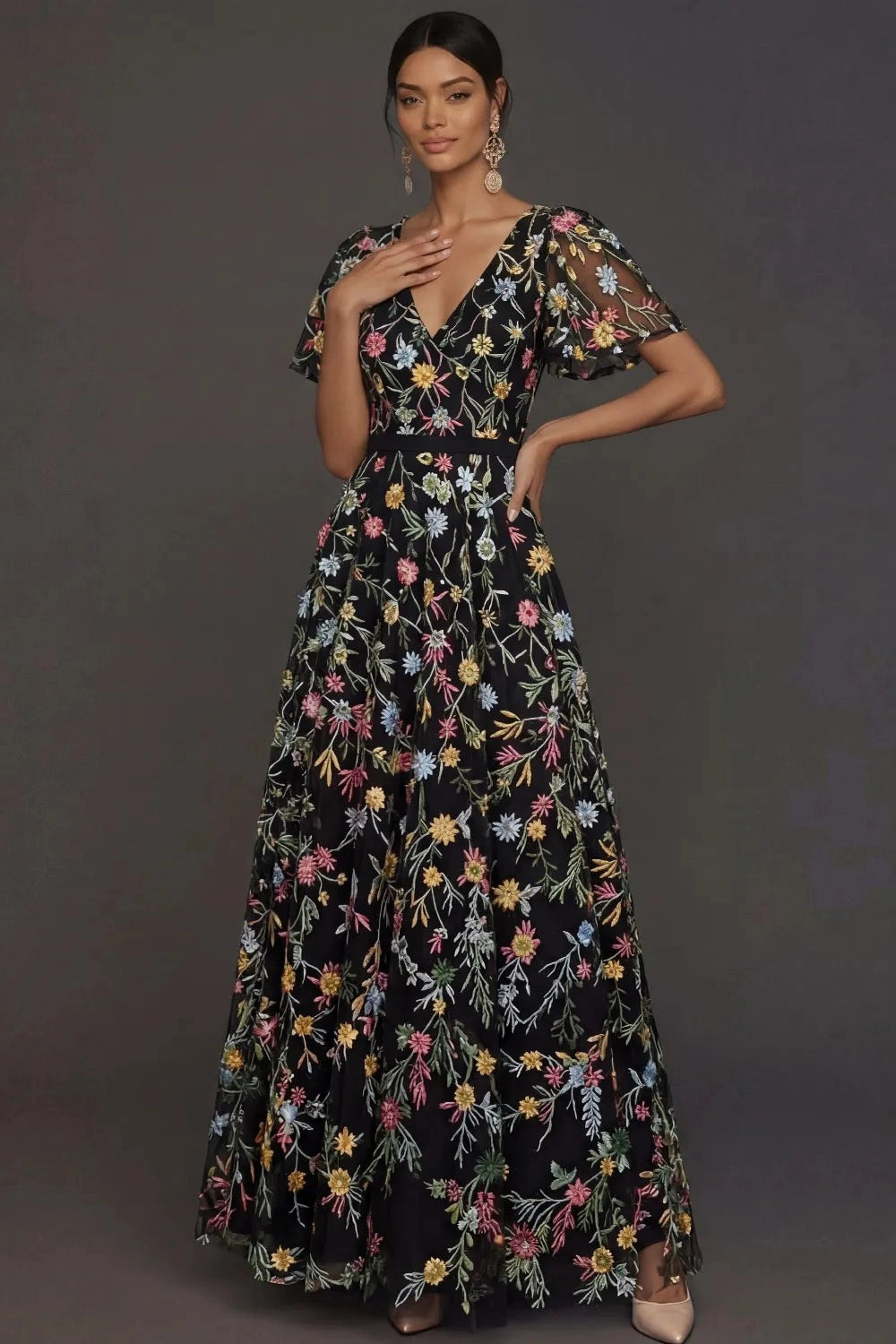 Romantic Floral Embroidered A-Line V-Neck Flutter Sleeve Long Wedding Guest Dress