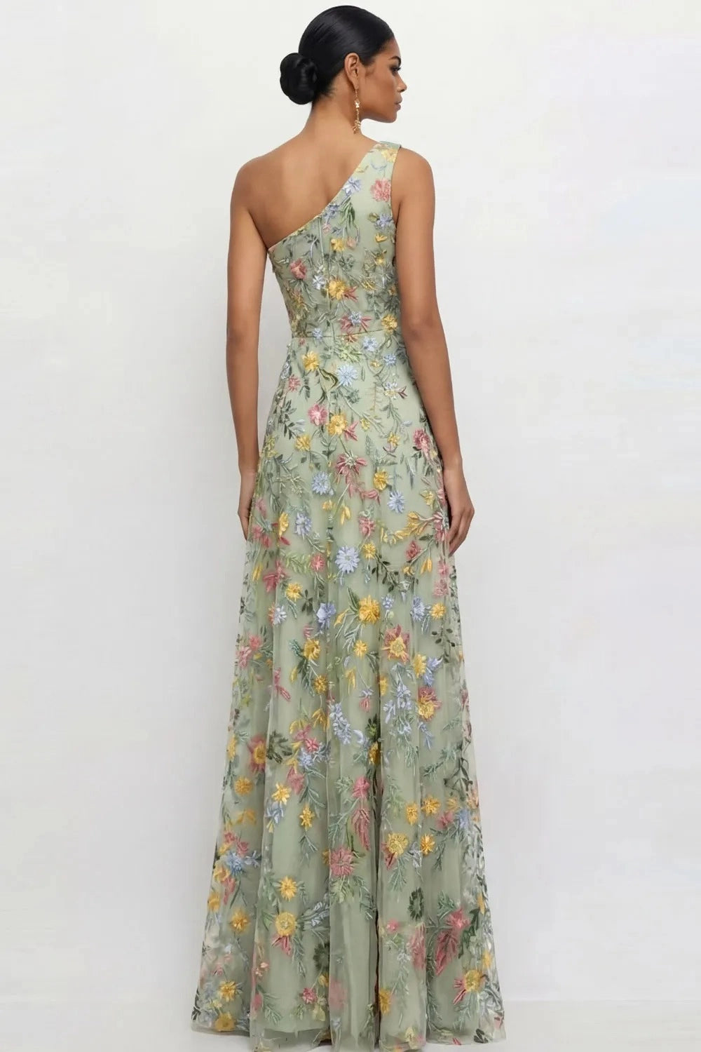 Chic A Line One Shoulder Floral Embroidered Slit Floor Length Wedding Guest Dress