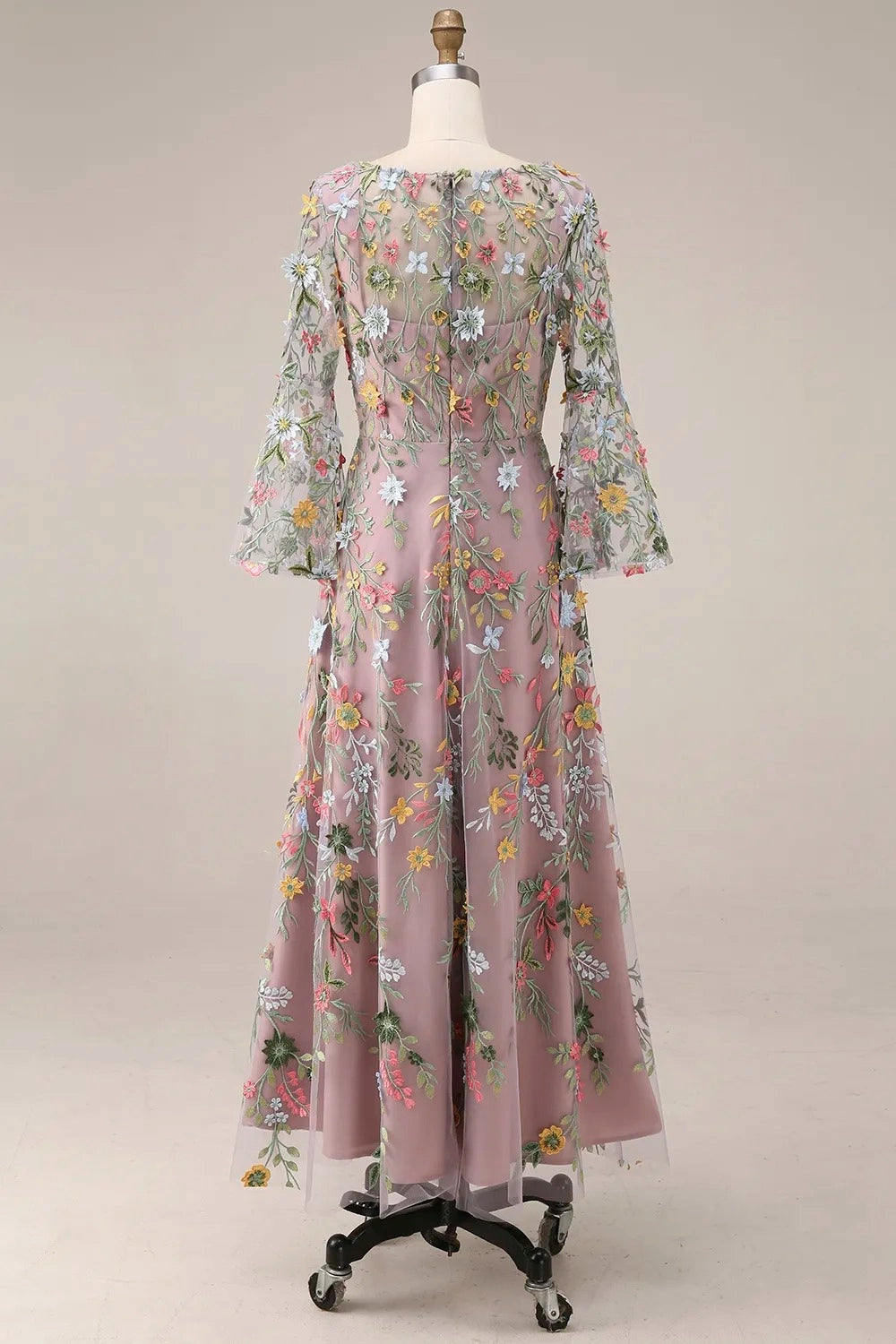 Elegant Floral Embroidered A-Line Square Neck Flutter Sleeve Ankle Length Wedding Guest Dress