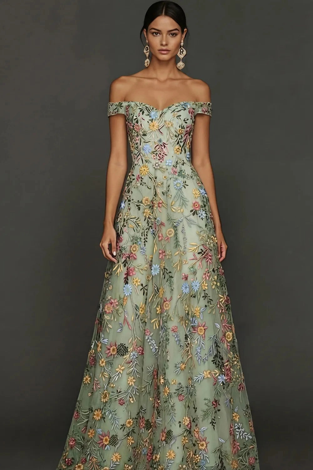 Romantic A Line Sweetheart Off Shoulder Floral Embroidered Floor Length Wedding Guest Dress