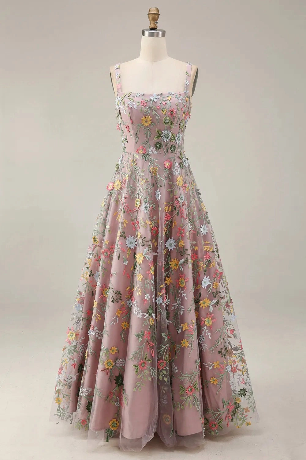 Romantic Floral Embroidered A-Line Square Neck Sleeveless Low Back Wedding Guest Dress