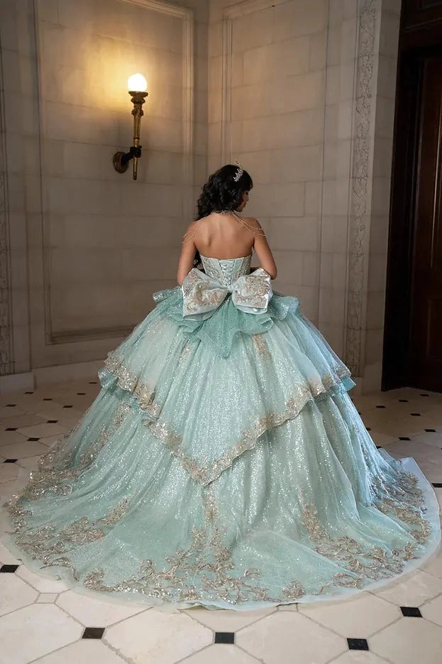 Back view Vedress mint green quinceanera gown corset lace-up back large embroidered bow long train layered dress