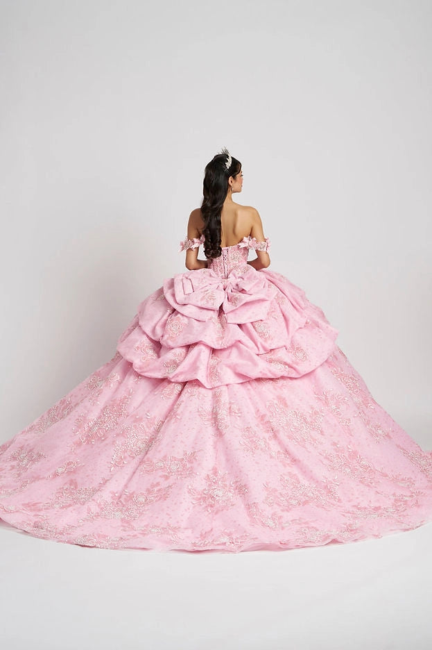 Back view Vedress light pink quinceanera gown corset lace-up back big layered bow long train tulle gown