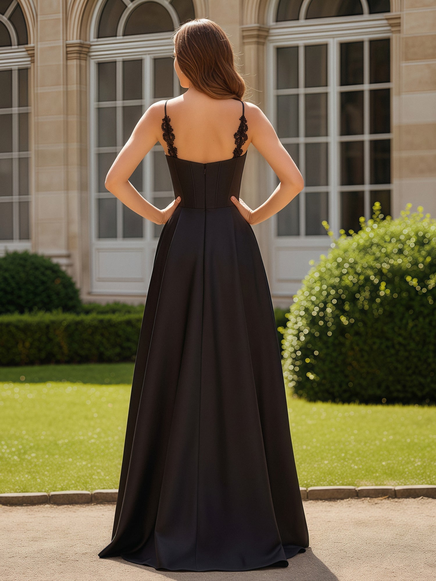 Vestido largo de satén negro sin tirantes con escote corazón, corsé, estilo sirena y cola, para bailes de graduación, bodas y eventos de noche