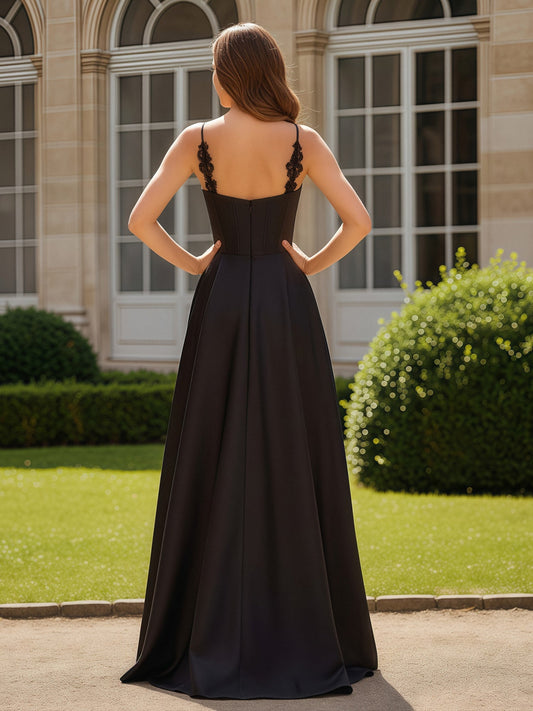 Black Satin Strapless Formal Gown Sweetheart Corset Bodice Mermaid Maxi Dress with Sweep Train for Prom Wedding and Evening Events