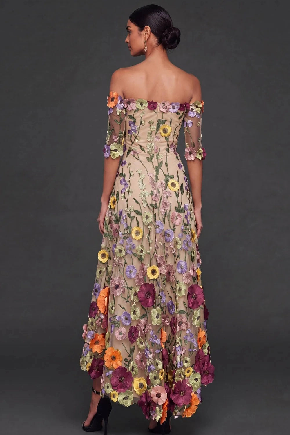 Elegant A Line Off Shoulder 3D Floral High Low Wedding Guest Dress