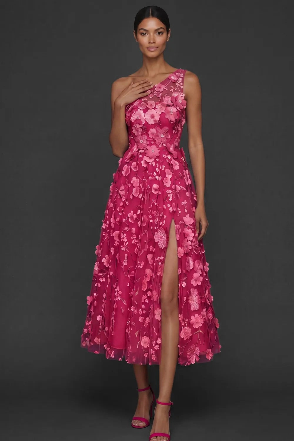 Romantic A Line One Shoulder 3D Floral Sleeveless Midi Wedding Guest Dress